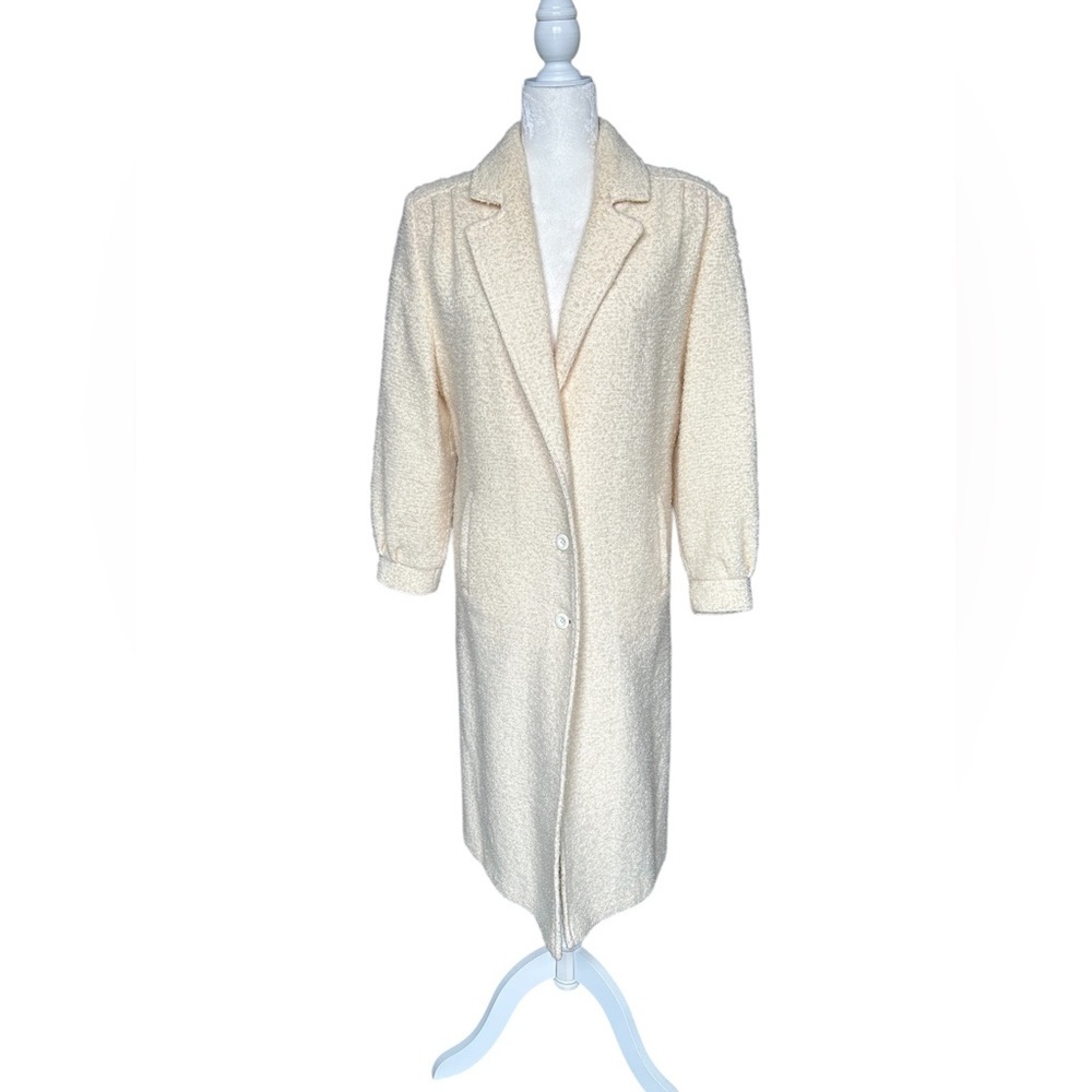 Wool blend Vintage Women's Cream Bouclé Long Trench Coat - S - M - Picture 2 of 11